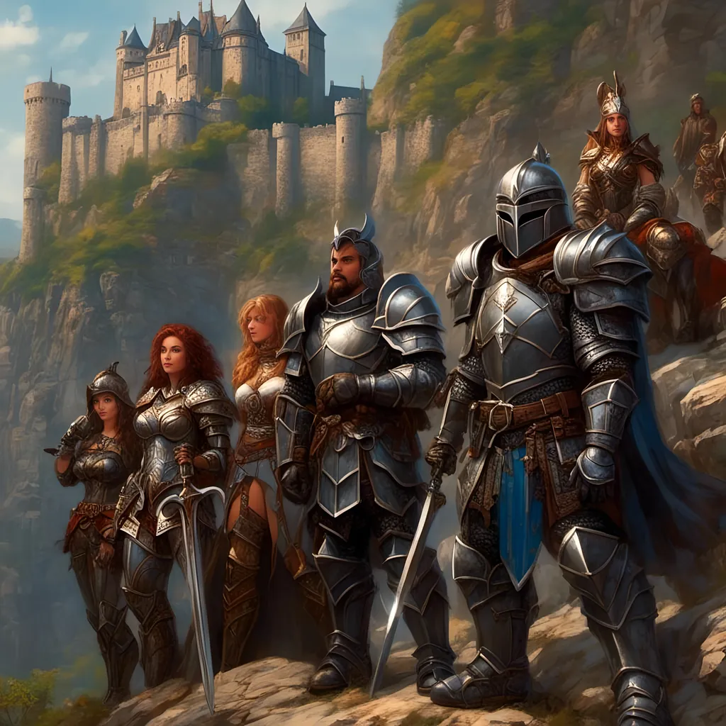 Prompt: a group of people dressed in armor standing next to each other on a rocky hillside with a castle in the background, Chris Rahn, fantasy art, epic fantasy character art, computer graphics<mymodel>