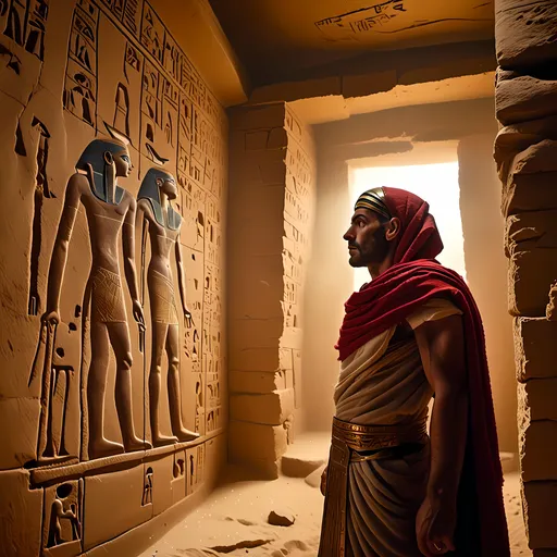 Prompt: <mymodel> Action movie shot. A wall in the background with Egyptian hieroglyphs. In the foreground, a man draped in a red scarf with golden sparkling threads, with sun rays shining on the wall. The man is looking into the camera. Stop motion effect.
