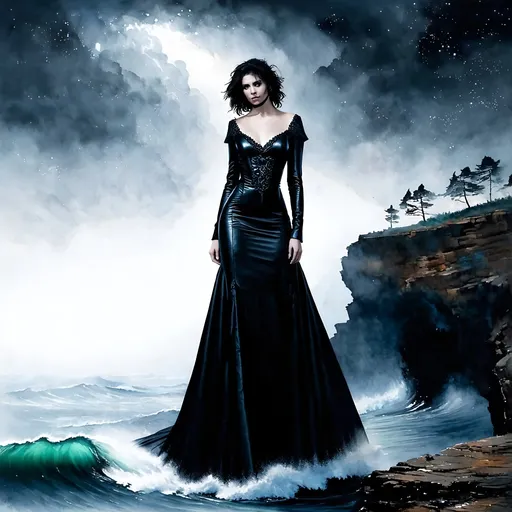 Prompt: Haunting Glow , sad lonely (ANY MODEL) in black leather gothic dress is standing on the edge of a cliff, stormy ocean, gothic, macabre, Stary, stary night, watercolor, intricate detailing, watercolor, stunning, intricate, detailed, moody, atmospheric, foggy: mystery light, ( Tim Burton or Heraldo Ortega) style