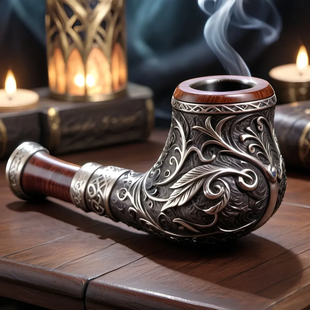 Prompt: (finely crafted tobacco pipe), (beak of a stirge), (Dungeons and Dragons), silver inlaid with magical runes, ornate details, fantastical design, rich textures, (highly detailed), mystical ambiance, dramatic lighting, captivating shadows, extraordinary craftsmanship, (4K), artistic melding of magic and art, an enchanted aura, showcasing the fusion of nature and artistry.