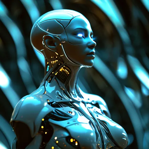 Prompt: An evolved human, standing tall and proud, with skin that glistens in a symphony of soft metallic hues under the gentle embrace of futuristic moonlight. Their eyes, now elongated and pupil-less, radiate a tranquil blue light, reflecting the advanced neural networks beneath. The figure's enhanced physique boasts of seamless biomechanical augmentations, with limbs that end in dexterous, claw-like hands and feet for superior adaptability., cinematic, dim lit, dreamy, smooth, shimmering, dreamy glow, conceptual art , hyper photorealistic, centered, raw cinematic photorealism, 8k, award winning, masterpiece, sharp focus
