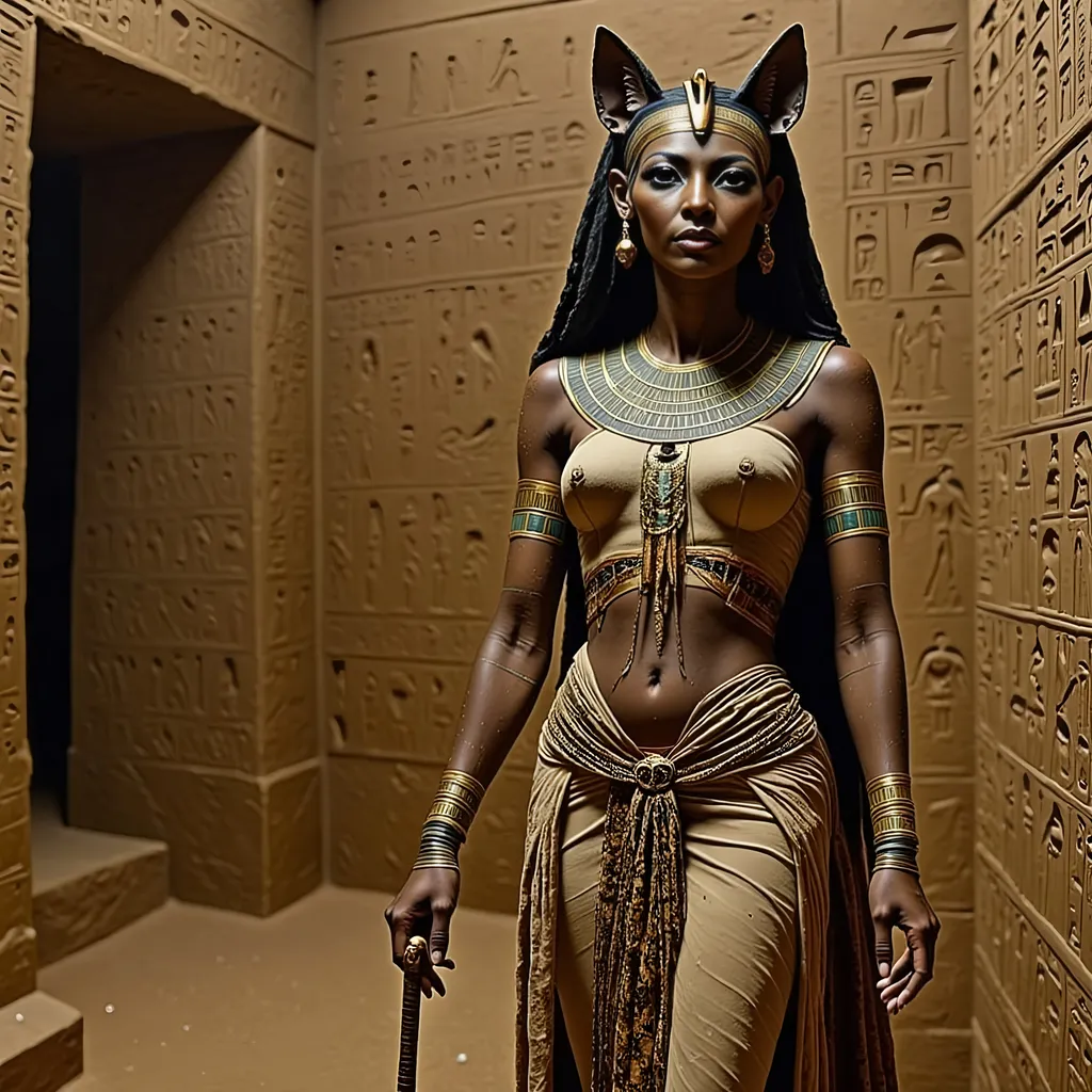 Prompt: Represented as a woman with a cat’s head, Bastet carries an ancient percussion instrument, the sistrum, in her right hand; a so-called aegis, or breastplate (in Bastet’s case, surmounted with the head of a lioness), in her left hand; and a small bag over her left arm. She wears an elaborately ornamented dress.