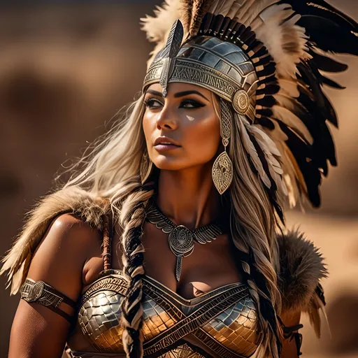 Prompt: <mymodel> HD 4k 3D, 8k, hyper realistic, professional modeling, ethereal Greek Goddess and Amazonian Warrior, silver hair, beige skin, gorgeous glowing face, Amazonian Warrior fur armor, brown jewelry and headpiece, Amazon warrior, tattoos, full body, carrying spear, desert, fierce barbarian, surrounded by ambient divine glow, detailed, elegant, mythical, surreal dramatic lighting, majestic, goddesslike aura