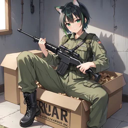 Prompt: A beautiful Japanese girl has a charming expression and bites her right thumb. She has short black hair with green highlights. She is holding a PSG-1 sniper rifle in her left hand. Her dark green jumpsuit is open to her waist. A dark green tactical belt is tied around her waist. Her feet are wearing Military boots, sitting on a military green wooden box. A cute husky wolfdog emerged from the hole in the lower right corner, with his left foot on the box