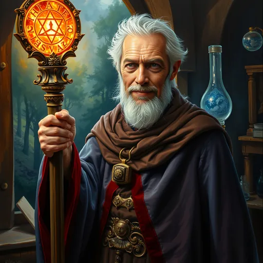 Prompt: Realistic dark fantasy oil painting, painted portrait of striking elderly actor ((Tommy Chong)), distinct looks, unique, holding a powerful legendary glowing staff of power, the staff is glowing with magical energy and etched with runes, wizard in a mage tower with an elevated forest view out the window, mischievous smile, enchanting, magical robes, mage's workshop, alchemy apparatus.