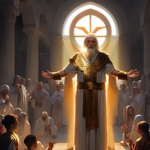 Prompt: cleric, priest, human, greek clothing, portrait, sunlight, glowing central subject, god rays, digital art, fantasy art, octane render, unreal engine, high detail, very realistic, by greg rutkowski. by james gurney