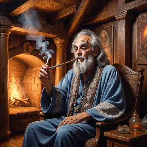 Prompt: Wizard that looks like Tommy Chong sitting smoking a silver pipe inside a mystical inn, oil painting, swirling smoke, intricate tapestries, high quality, fantasy, warm tones, magical lighting, detailed robes, wooden architecture, mystical, professional, atmospheric lighting