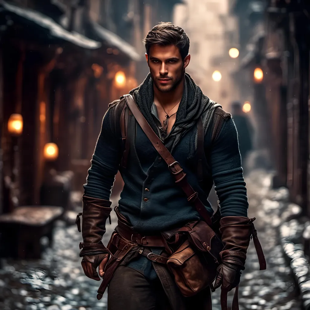 Prompt: <mymodel>(mymodel) as a sneaky male rogue, dramatic pose, shadowy alley background, low-light atmosphere, (stealthy expression), details of tattered clothing, leather satchel, twinkling eyes, (mysterious ambiance), carefully held glinting coin, high-quality HD, cinematic lighting, captivating and adventurous vibe.