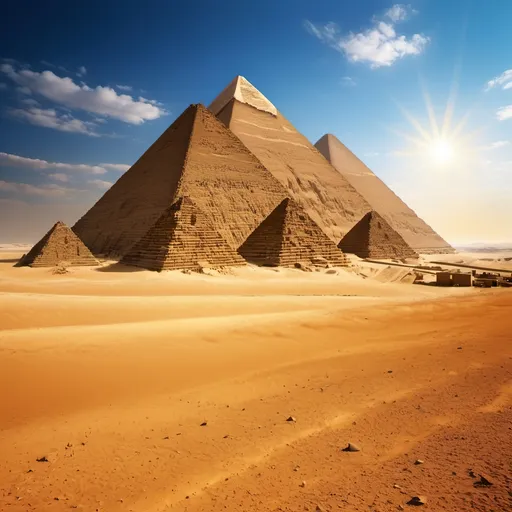 Prompt: (pyramids of Ancient Egypt), illuminated by (scorching sun), vivid golden hues, sharp shadows, intense light, vast desert landscape, vibrant blue sky, heat waves rising, desolation and majesty, encompassing profound history, dynamic textural contrasts, ultra-detailed, cinematic depth, inviting awe and curiosity. 