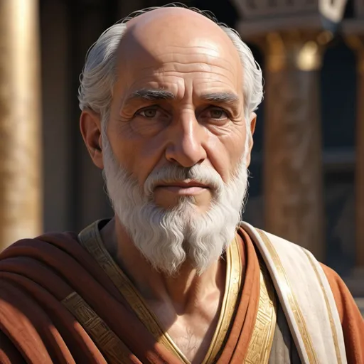 Prompt: create  A hyper-realistic, high quality, professional photographic image of an elderly ancient Greek priest of Apollo, very detailed realism in lighting highlights reflection off surfaces and moisture giving enhanced life-like realism to textures, 8k UHD high-definition  high-resolution photographic life-like portrait image,  ancient priest vestiments with gold highlights, taken with a 28mm short focal length, f/2.8 depth of field, 100 iso high quality macro-detailed film resolution. Dramatic lighting in a hazy diffused light beams cast high angle light with dramatic  high contrast soft lighting with deep shadows giving enhanced textures with vivid colors orange warm 1000.  A dreamy atmosphere gives a inspirational feel, spacious and expansive with extreme life-like realism in a dramatic dark noir style with an ancient temple of Apollo in the background...  Subject has short graying hair with ultra realistic texture, soft glow hair light. Dark brown eyes are hyper-realistic realistic with glistening reflective moisture highlights and reflects off eyes surface giving enhanced life-like realism to a soft glow in eyes brings out realism, 8k UHD  diffused light cast high contrast resolution with extreme life-like realistic glossy detail, soft glow reflection, eyes iris is 8k UHD ultra high-resolution realism with a faint glow. Sark olive skin tone wirh signs of aging is ultra realistic fine detailed, with moisture glistening on high resolution skin surfaces with 8k UHD ultra high definition on smooth skin.  forlorn look on his face .the subject has softbox umbrella diffused lighting at a side frontal high angle creating enhanced realism textures and dramatic high contrast with deep shadows. include a lyre