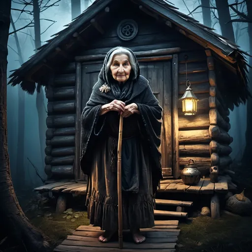 Prompt: Terrifyingly old Baba Yaga, impossibly aged, standing before her wooden cabin on chicken legs, creepy mood, dramatic lighting, babushka, hunched over with a cane, fairytale, high quality, fantasy illustration, detailed wrinkles, mythical, ancient, eerie atmosphere, spooky, fairytale, dark tones, ominous shadows, mystical lighting