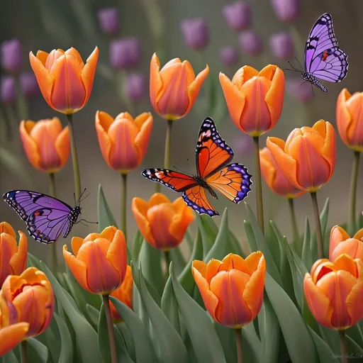 Prompt: Orange tulips purple butterflies dance in the air 