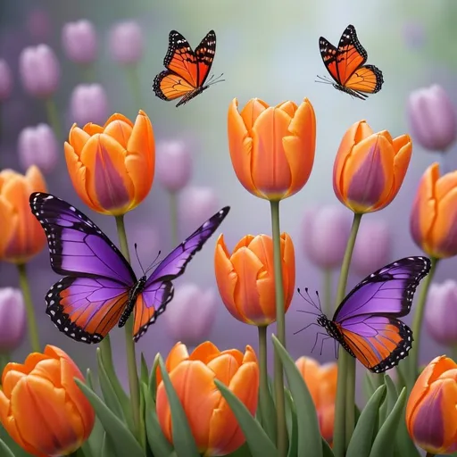 Prompt: Orange tulips purple butterflies dance in the air 