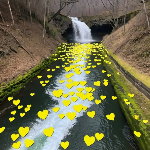 Prompt: Yellow green floating hearts as I walk beside the waterfall