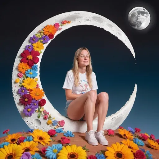 Prompt: stacy sitting on the moon with bleeding flowers riding on a rainbow