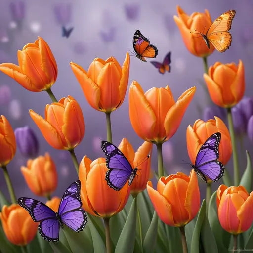 Prompt: Orange tulips purple butterflies dance in the air 