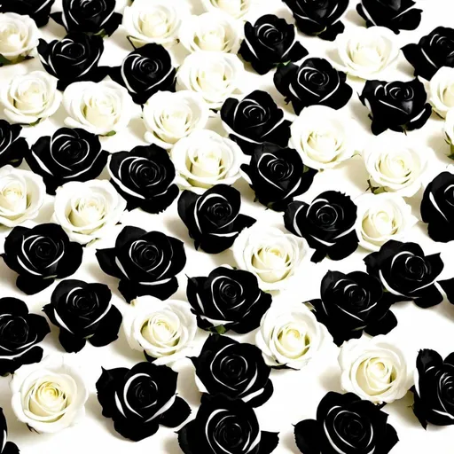 Prompt: Black and white roses tossed along the floor 