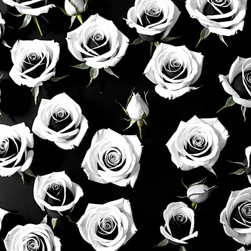 Prompt: Black and white roses tossed along the floor 