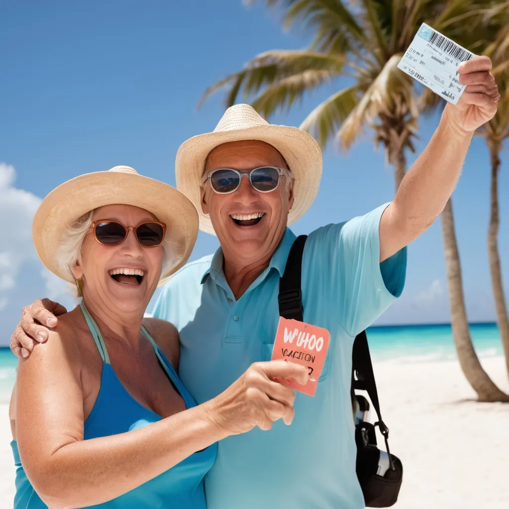 Prompt: a couple in their sixties, smiling and laughing. They are waving a ticket that says WOHOO. They are on vacation in the Cancun and they are going snorkeling