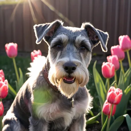 Prompt: A schnauzer sitting in a field of tulips with the sun on his face
