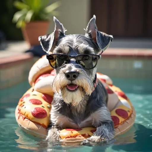 Prompt: A schnauzer swimming in a pool on a pizza floatie with sunglasses on his face