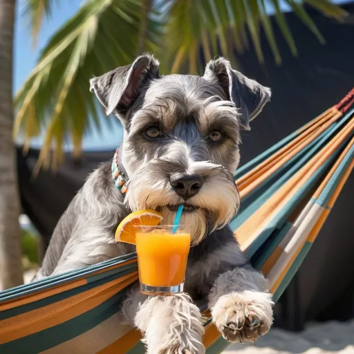 Prompt: A schnauzer sitting in a hammock tied between two palm trees with a tropical drink in his paw and a beach in the background 