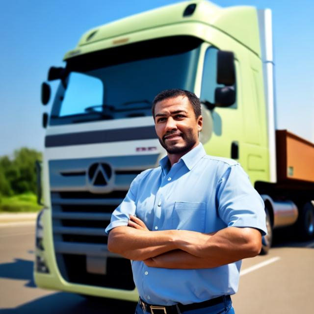 Prompt: a truck driver standing in front of an office manager



