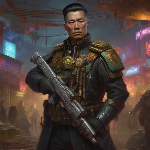 Prompt: A <mymodel> concept character design portrait of  An ominous and gloomy 

Atompunk Middle aged Fit Asian Male Warhammer 40k imperial officer with scarred face carrying sword and pistol posing heroically in the middle of a doomed junkyard 

full of hanging hoses and multicolored neon circuitry 

, a stunning Donato Giancola masterpiece in fantasy nouveau artstyle by Anders Zorn and Joseph Christian Leyendecker 

, neat and clear tangents full of negative space 

, ominous dramatic lighting with macabre somber shadows and highlights enhancing depth of perspective and 3D volumetric drawing

, colorful vibrant painting in HDR with shiny shimmering reflections and intricate detailed ambient occlusion