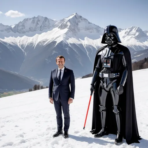 Prompt: creer une photo de dark vador skiant avec macron dans les alpes , en arriere plan l'etoile de la mort