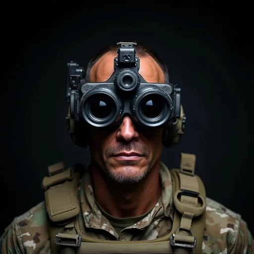 Prompt: A rugged Navy SEAL operator stands poised, adorned in a Multicam camouflage uniform, complete with a tactical vest equipped with various pouches and gear, conveying a sense of readiness and authority. The centerpiece of the image is the detailed, lowered panoramic night vision goggles, boasting four lenses that dominate the SEAL's forehead, their rubberized edges and intricately molded frames rendered in meticulous detail. The goggles' matte-black finish subtly contrasts with the SEAL's weathered, olive-toned skin, accentuating the facial features: a sharp jawline, prominent nose, and piercing eyes that seem to bore into the darkness. The overall atmosphere is one of tense, focused intensity, as if the SEAL is preparing to breach the shadows.
