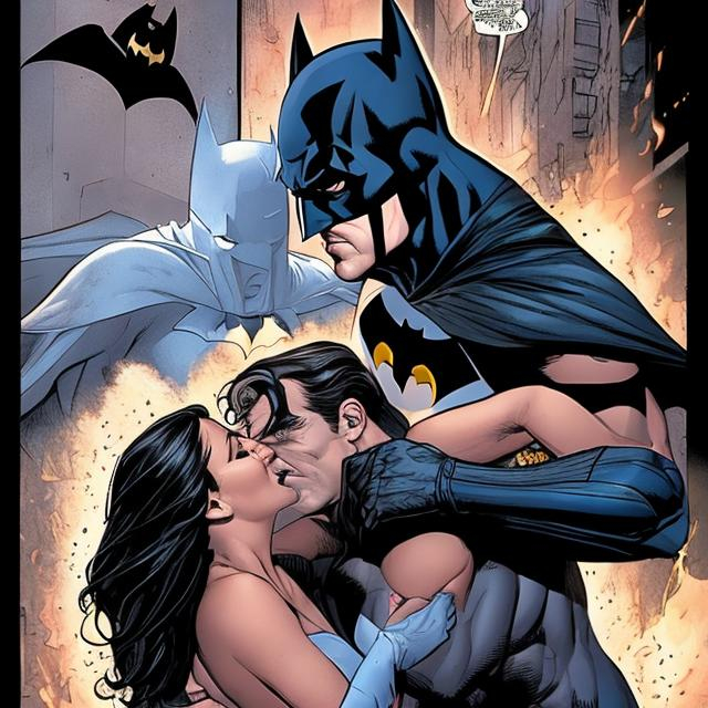 Prompt: The attractive woman wanted to kiss Batman but she exploded as she neared his face