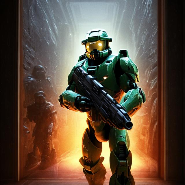 Prompt: Master Chief in The Shining hotel
