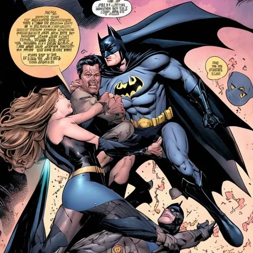 Prompt: The attractive woman wanted to kiss Batman but she exploded as she neared his face