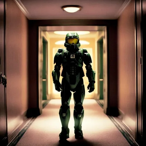 Prompt: Master Chief in the hotel from The Shining and the backrooms
