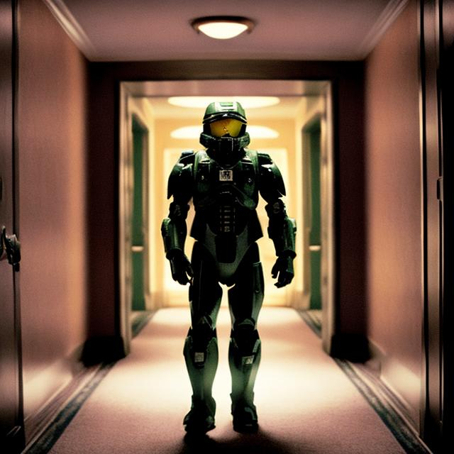 Prompt: Master Chief in the hotel from The Shining and the backrooms
