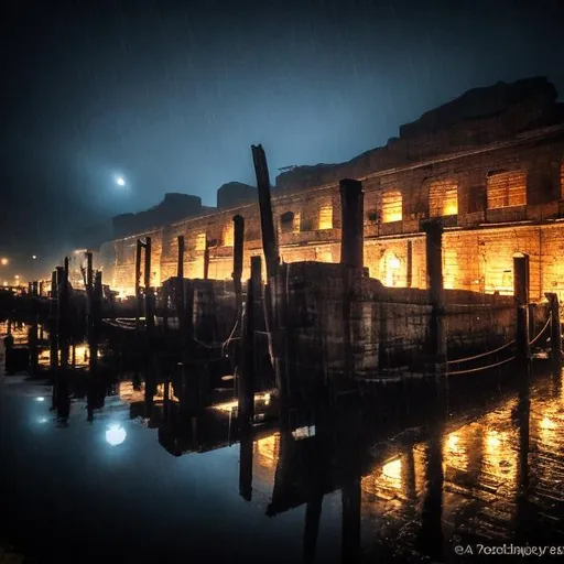 Prompt: ancient shipyard at night in the rain
