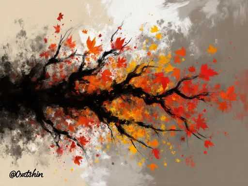 Prompt: This image is a digital painting in an abstract style, featuring a dynamic and vibrant composition. The central focus is a cluster of dark, almost black, tree branches that extend horizontally across the canvas. These branches are intertwined with splashes of vivid autumn colors, including bright red, orange, and yellow leaves, creating a sense of fiery energy and movement. The background is a swirling mix of soft, muted colors, predominantly beige, white, and gray, which contrasts with the boldness of the branches and leaves. The texture of the painting is rich and layered, with visible brushstrokes and splatters adding depth and complexity to the image. The colors blend seamlessly, with areas of sharp contrast and areas of softer transitions. The overall effect is one of natural chaos, evoking the dynamic and ephemeral beauty of an autumn forest. The painting's style is reminiscent of impressionism, with an emphasis on capturing the essence and mood of the scene rather than precise details. The artist's signature, "@0xztshin," is visible in the lower left corner, subtly integrated into the composition. The image conveys a sense of warmth, movement, and the transient beauty of nature.