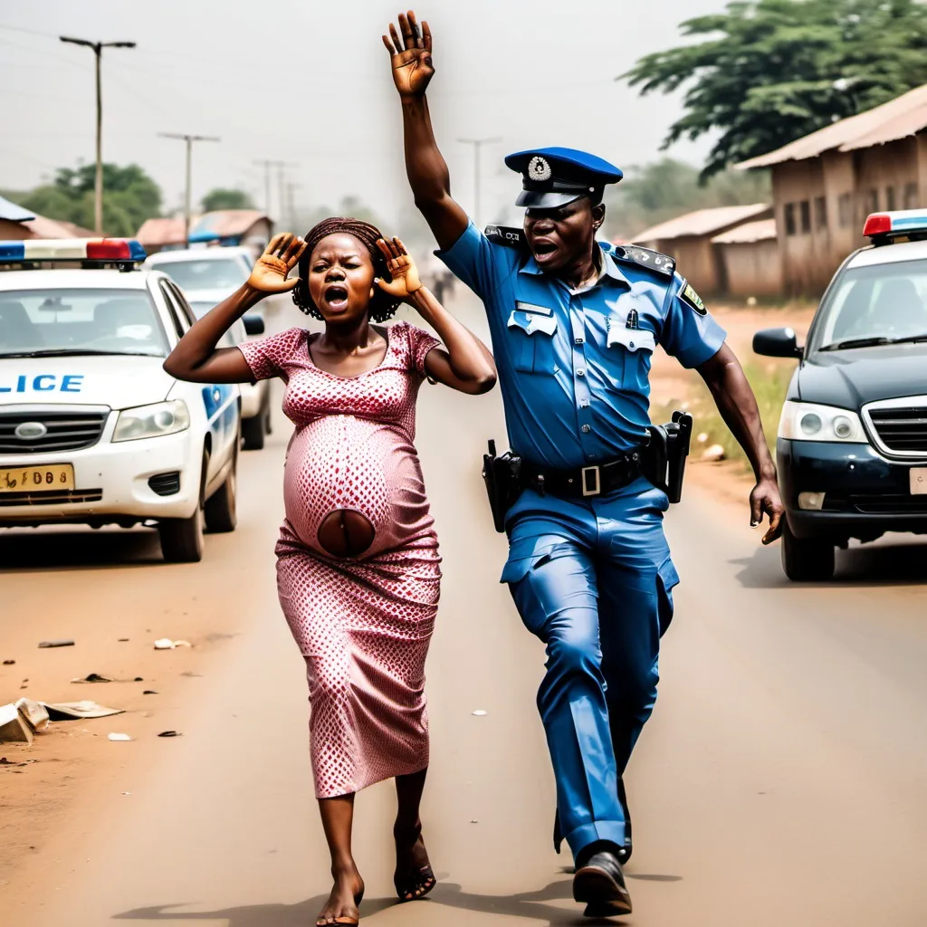 Prompt: Nigerian Police brutality. Harder police officer, chasing after a pregnant woman. Police man holds a barren on  his hand high above his head