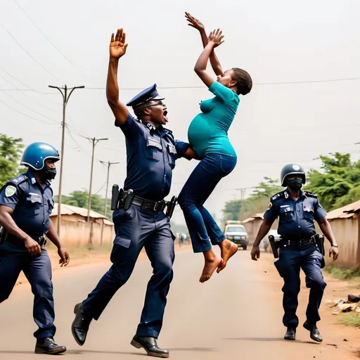 Prompt: Nigerian Police brutality. Harder police officer, chasing after a pregnant woman. Police man holds a barren on  his hand high above his head