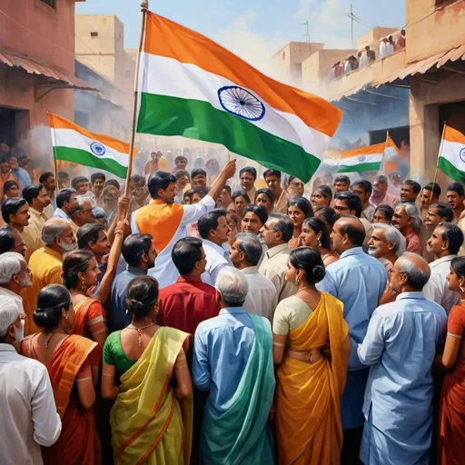 Prompt: People gathering around Indian flag for voting, realistic painting, diverse crowd, vibrant colors, high quality, realistic, patriotic, detailed facial expressions, traditional clothing, democratic process, national pride, waving flags, ballot boxes, busy atmosphere, bright and lively, realistic painting, democratic, vibrant colors, traditional attire, detailed facial expressions, patriotic, high quality, realistic