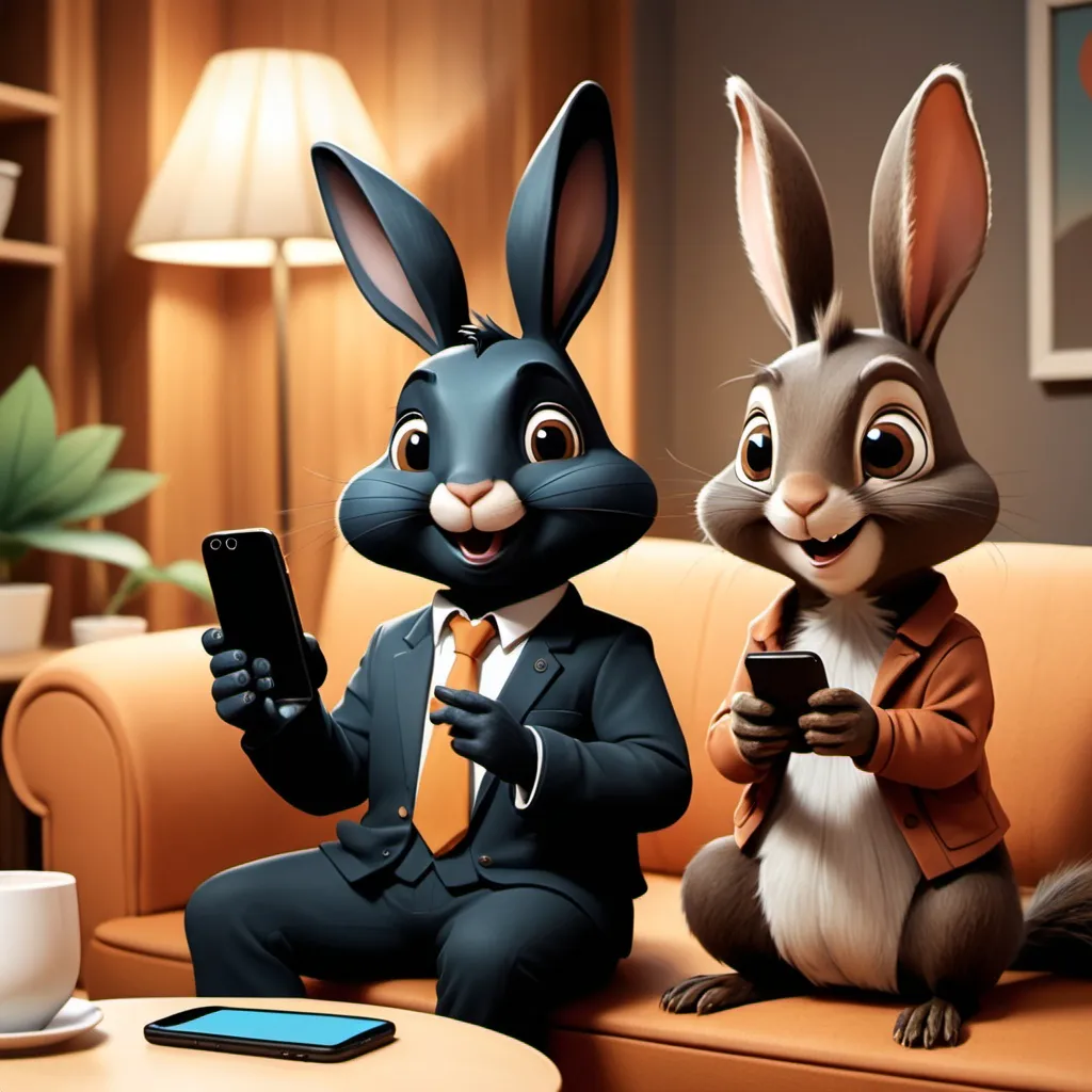 Prompt: "Image of Black Rabbit and Brown Squirrel sitting on the sofa in a cozy room. Black Rabbit holds his phone, opens the Traveloka app, both look happy and excited as they choose accommodation and restaurants together."