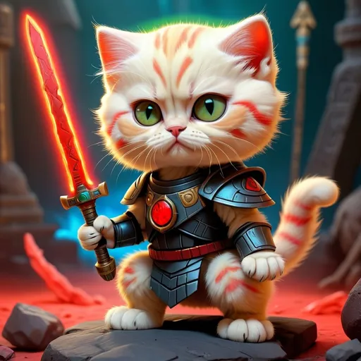 Prompt: Post-apocalypse Black fiery land lava A small fluffy yellow-red kitten of the Scottish Fold breed, green eyes, ears bent forward, stands on his hind legs. The kitten is decorated with ancient Egyptian symbols in red The kitten is dressed in the armor of the Doom Slayer from the game Doom the Dark Ages The kitten holds a blue laser sword in one hand