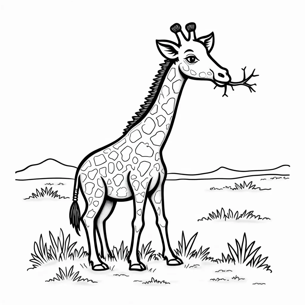 Prompt: black and white coloring page of a giraffe eating thorns in the savanna