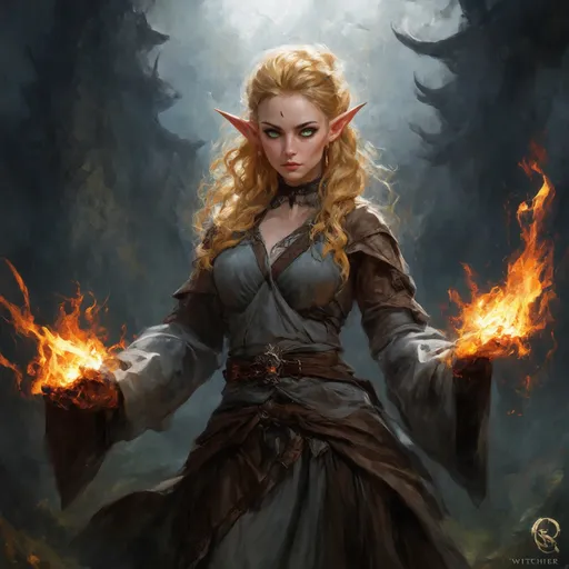 Prompt: (dark fantasy game character art), (Aen Seidhe elf, Scoia'tael), sorceress with (ethereal presence), (golden hair), (dull green eyes), wearing (intricate robes) intertwined with gray and brown, (shadows enveloping), (mystical powers), set against (an ominous landscape), (dramatic lighting), (dark dappled colors), suiting a somber atmosphere, (highly detailed), with a vibrant energy of a (4K clarity) image, (inspired by The Witcher 2).