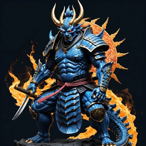 Prompt: a cyberpunk oni samurai stands on top of a blue dragon defeated by the samurai's golden flame katana, use a transparent blackground like a png image