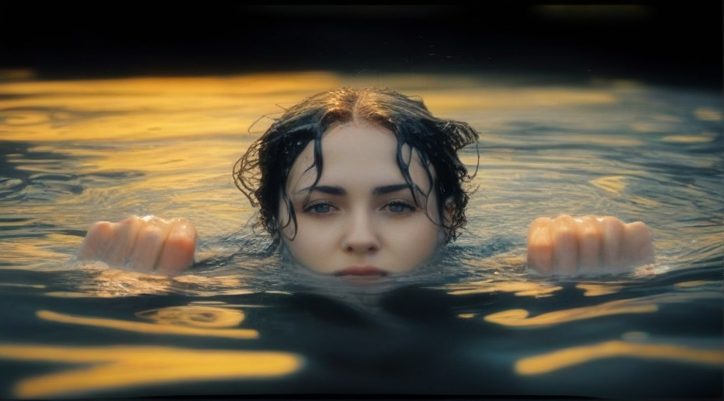 Prompt:  The detailed--Wetted-face,  she swims inside the water, she emerges from the bottom, 22 mm SDLR, profesional photo