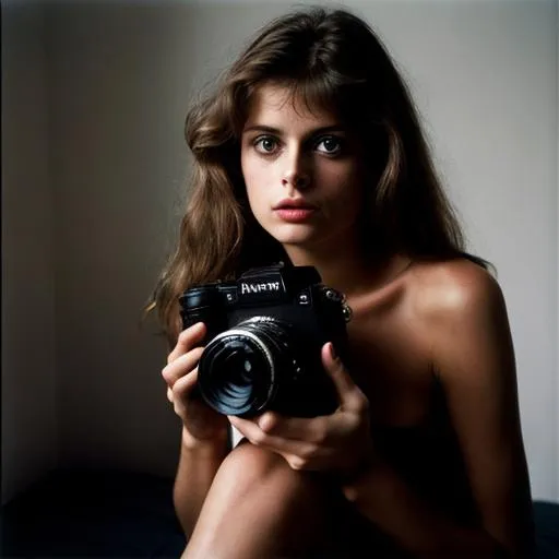 Prompt: Anne Collier Woman With A Camera, Nastassja-Kinski image, should mimic the distinctive aesthetic of a Anne-Collier photographs , detailed "black and red" eyes, mature-young looking faces