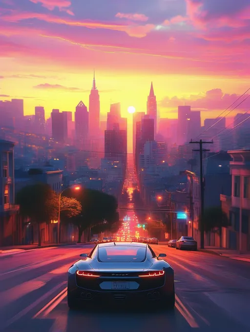 Prompt: A sleek car driving down an urban street, vibrant city skyline in the background, bathed in the warm hues of sunset. The dreamcore aesthetic permeates the scene, blending surreal elements with reality. Evocative, atmospheric city designs, with soft reflections creating a mesmerizing visual experience, in HD, photorealistic quality, capturing the essence of this tranquil moment inspired by video art.