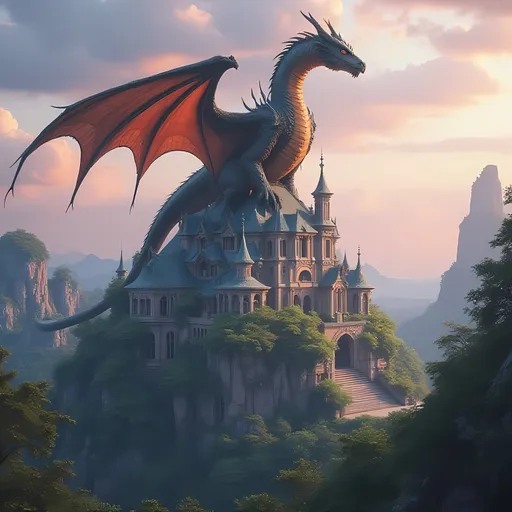 Prompt: A stunning  building, uniquely shaped, with a majestic dragon perched atop, surrounded by a lush forest. The vibrant sky contrasts beautifully with the building, enriched with dynamic colors., capturing architectural art vibes. This ultra-detailed, colorized photo embodies enchantment and adventure, combining fantasy fusion with an immersive nature backdrop.