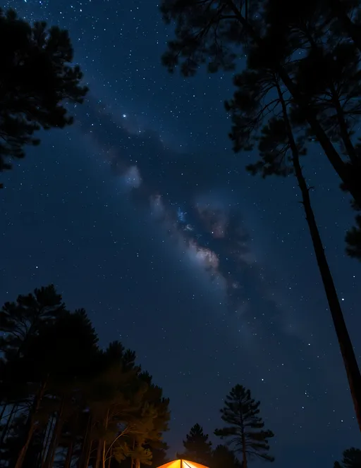 Prompt: Photorealistic capture of a tranquil night sky, filled with brilliant stars twinkling against a deep indigo backdrop, towering silhouettes of trees framing the scene, a cozy tent glowing warmly in the foreground, evoking feelings of adventure and serenity, perfect for space art and astrophotography enthusiasts, ultra-detailed, high definition, crisp essence of outdoor camping under the stars.